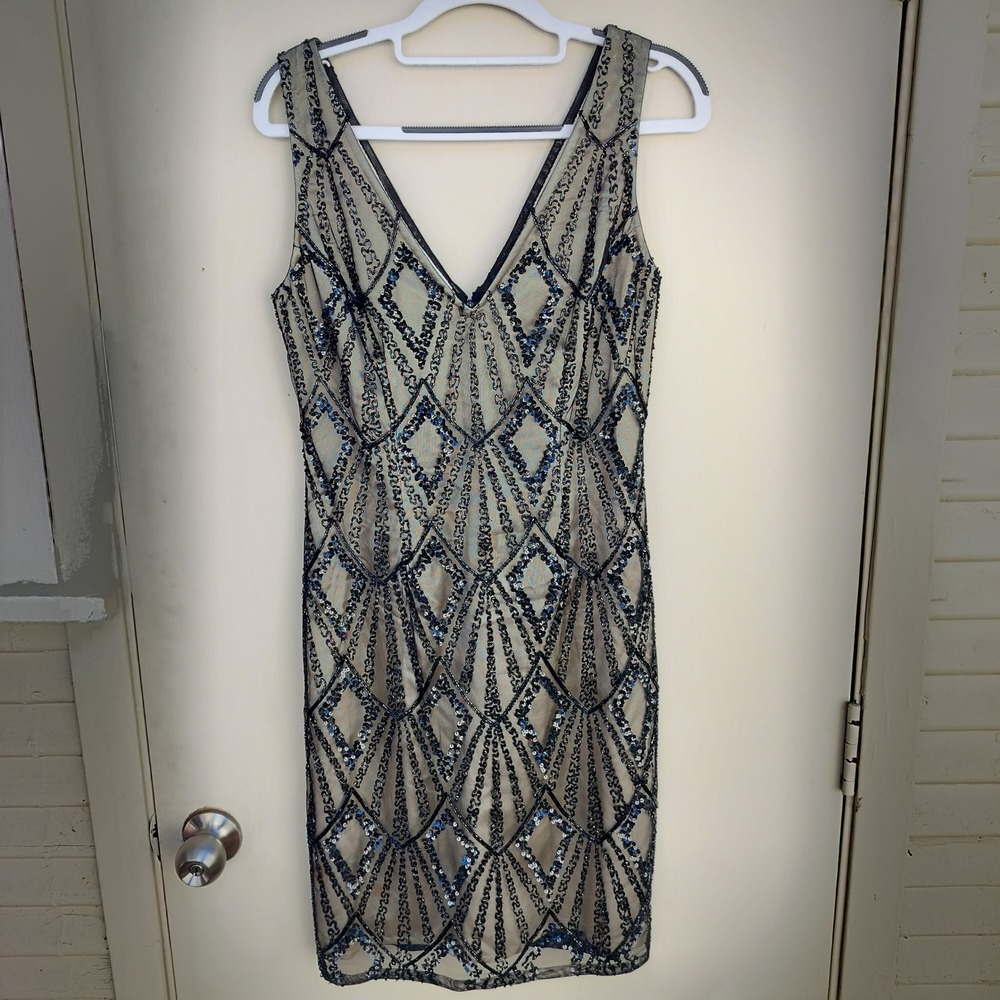Scala Black Sequin‎ Beaded Embellished V Neck Sleeveless Sheath Cocktail Dress